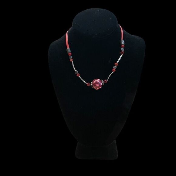 Handmade Red Polymer Clay Bead Necklace - Picture 1 of 3
